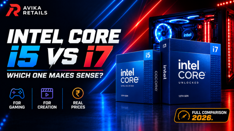 Avika Retails Intel Core i5 vs i7 comparison banner for gaming and creation