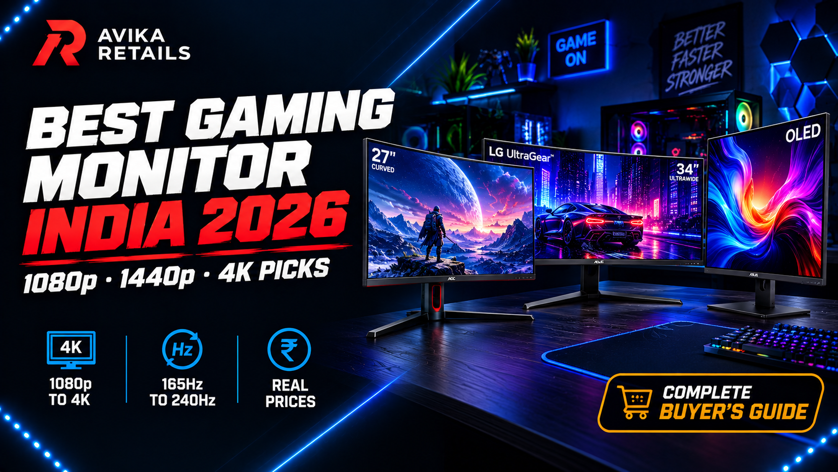 Best gaming monitor India 2026 buyer's guide banner 1080p 1440p 4K