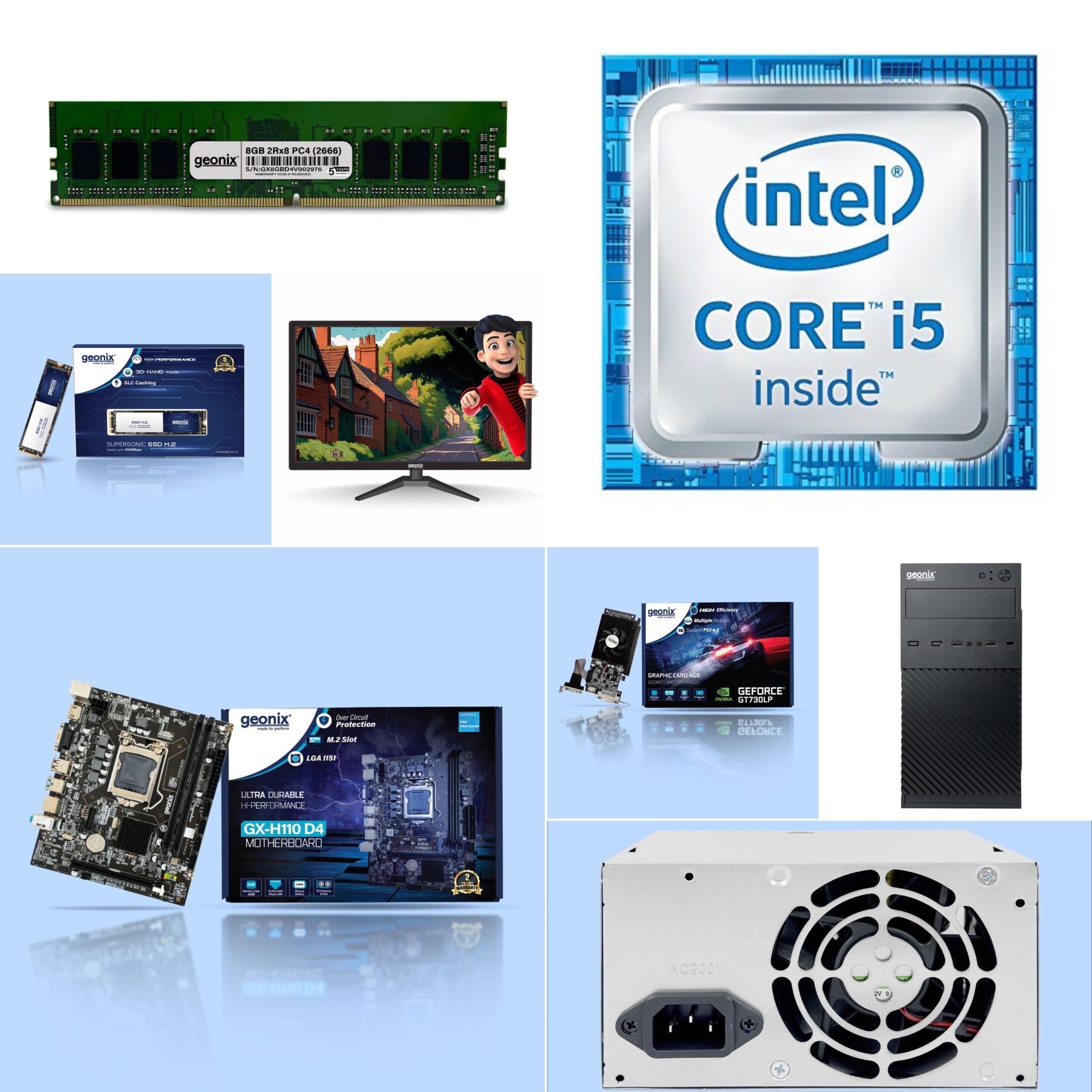 Assembled Computer Avika Retails Intel Core-i5 6th Gen with GX-H110 D4 Motherboard, 16GB DDR4 RAM, 256GB SSD, 500W PSU, 4GB Graphics Card, 4 RGB Fan Cabinet, 24 Inch Monitor