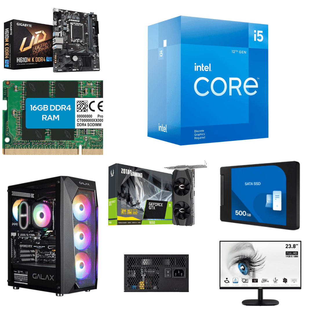 Intel Core i5 12400F H610M DDR4 16GB DDR4 512GB SSD, 1650 4GB graphics card, 550W , 4 Fan Cabinet, 24 Inch 100HZ Monitor