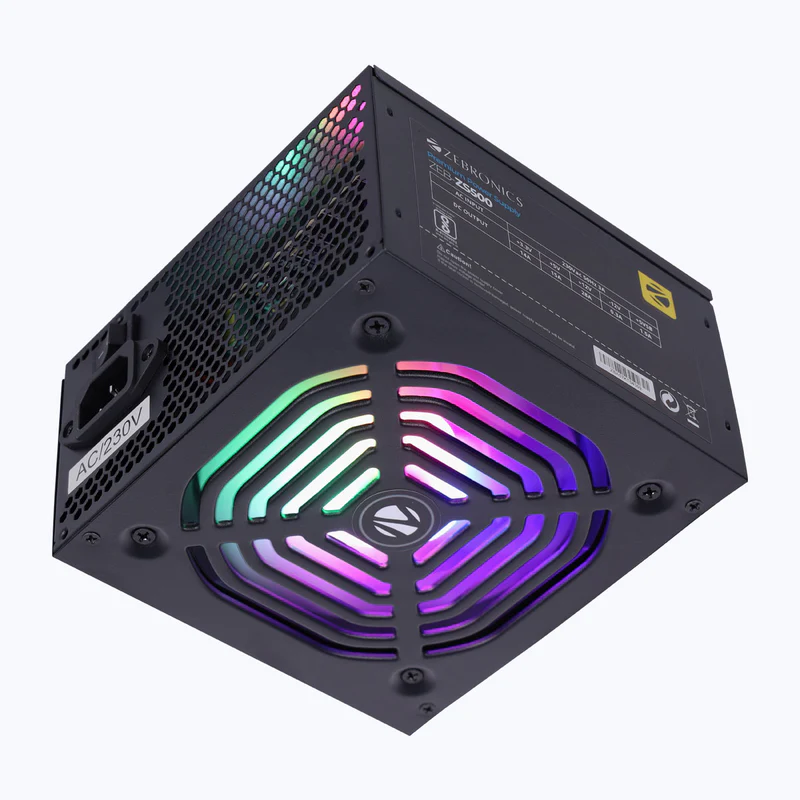 ZEBRONICS ZS500 500 W Non‑Modular PSU – Silent 120 mm RGB Fan, 12 V/28 A, Multi-Protections
