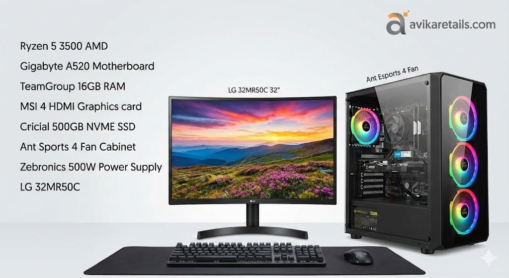 Trading PC Ryzen 5 3500 AMD Gigabyte A520 Motherboard TeamGroup 16GB RAM MSI 4 HDMI Graphics card Cricial 500GB NVME SSD Ant Sports 4 Fan Cabinet Zebronics 500W Power Supply with 32 Inch Curved LG Monitor - Image 1